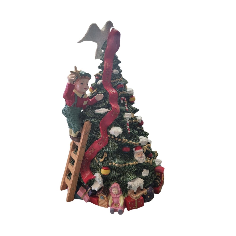 Musical Christmas Tree Figurine Boy on Ladder Joy to the World Green ReExcellent